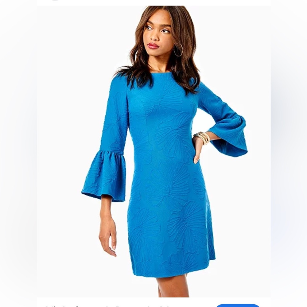 LILLY PULITZER VIOLA STRETCH DRESS IN MACAW BLUE PUCKER JACQUARD. NWT SIZE 10